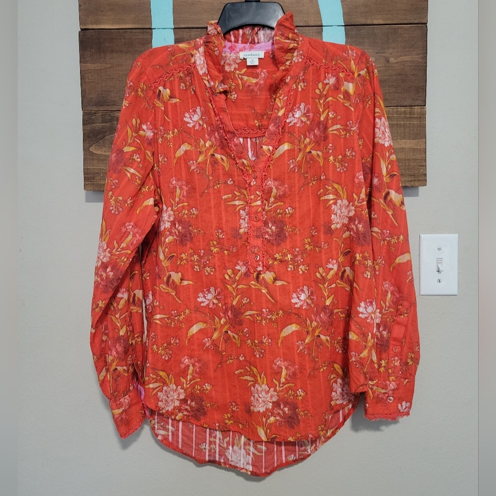 Sundance Floral Red Vneck Long Sleeve Lightweight Cotton High Low Top Medium